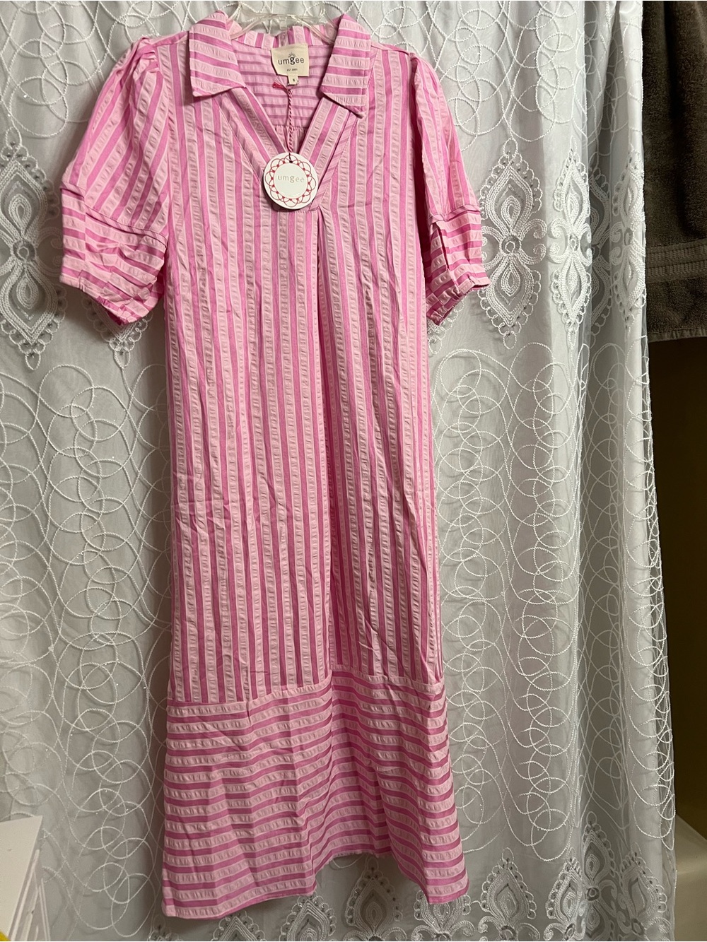 Umgee Pink Striped Collar Midi Dress